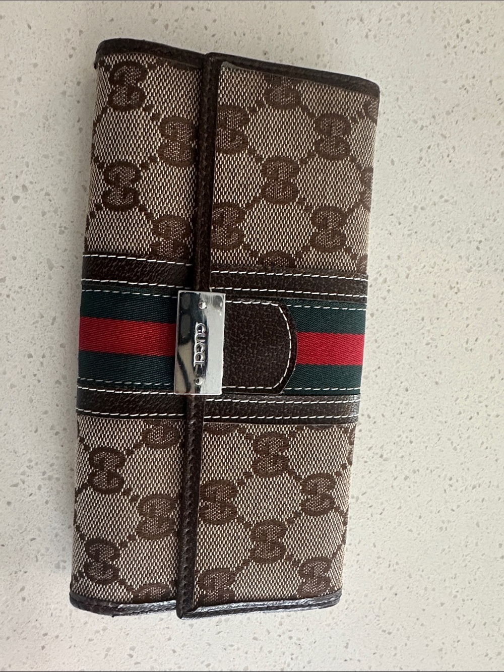 Gucci Brown GG Canvas Long Wallet with Green and Red Web